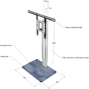 Norstone Design Suspens Plus audio-/videomøbel, teknisk tegning med dimensioner i mm, set forfra og fra siden