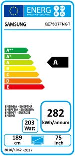 Europæisk energimærke A for et Samsung QE75Q7FNGT TV, energiklasse A, 282 kWh/år, 189 cm, 75 tommer