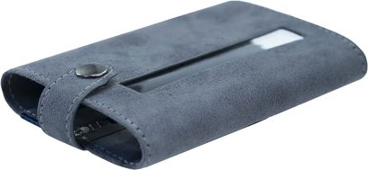 iFi Audio xDSD Gryphon gray suede case, three-quarter view, rectangular cutout and snap-fastening tab