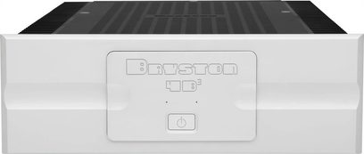 Ενισχυτής ισχύος υψηλής πιστότητας Bryston 4B³, μπροστινή όψη, ασημένιο ορθογώνιο περίβλημα, κεντρικό κουμπί