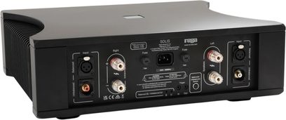 Ampli intégré stéréo Rega Solis noir, vue arrière avec borniers enceintes, entrées XLR et RCA