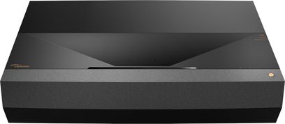 Videoproiector Optoma UHZ65UST negru, vedere frontală, partea superioară și laturile vizibile, formă rectangulară alungită