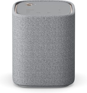 Enceinte sans fil connectée Yamaha WS-X1A gris clair, finition Argent, vue de face, forme cylindrique, grille métallique