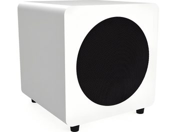 Subwoofer Kanto SUB8 alb mat, carcasă cubică cu colțuri rotunjite și finisaj neted, vedere din unghi de trei sferturi față, grilă circulară mare neagră pe fațadă și patru picioare mici negre