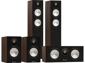 Thuisbioscoop pack Monitor Audio Bronze 300 7G 5.0 walnoot, twee vloerstaande luidsprekers, twee compacte luidsprekers en een center speaker
