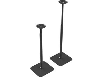 Two Flexson Essentials adjustable floor stands for speakers, black, metal, square base, cylindrical vertical pole