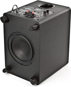 Sort kompakt Klipsch HDT-500 højttaler set forfra med højttaler, knapper og tilslutninger på toppen