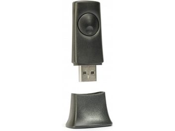 Transmiter Bluetooth Cambridge Audio BT100, pionowa czarna obudowa, okrągły centralny głośnik, port USB, rozszerzająca się podstawa