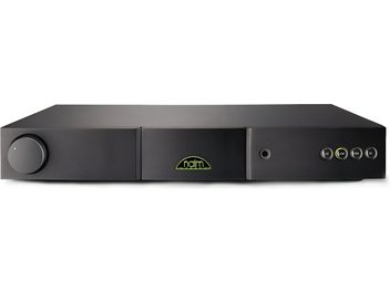 Стерео hi-fi підсилювач Naim Audio Nait 5si чорного кольору, вигляд спереду, кнопки та роз’єми на передній панелі, 4 зелені світлодіоди увімкнені