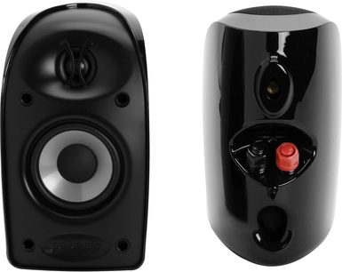 Pakke med kompakte Polk Audio TL1600 højttalere i sort. To billeder set forfra og bagfra. Blanke sorte højttalere med afrundet form