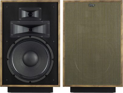 Diffusore a colonna Klipsch Heresy IV in noce, cabinet in legno rettangolare verticale, altoparlanti neri rotondi, griglia nera forata