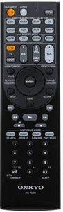 Black Onkyo RC-606M remote control with gray and orange buttons, LCD screen, front view