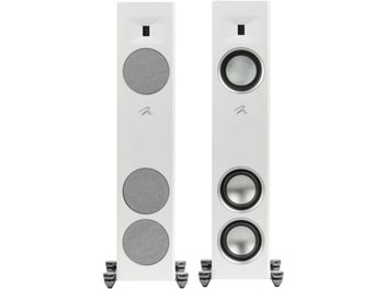 Boxe de podea MartinLogan Motion F10 alb mat cu două difuzoare circulare și un tweeter dreptunghiular pe fiecare unitate