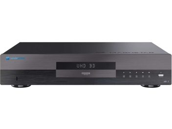 Програвач Blu-ray 4K Magnetar UDP800 MKII чорного кольору, вигляд спереду, передня панель із шліфованого алюмінію та центральний дисплей