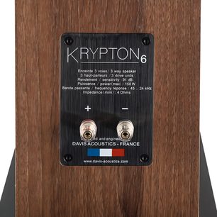 Krypton 6 Classik med rektangulær svart bakpanel, hvit teknisk merking, 2 metalliske tilkoblingsterminaler, trefinish