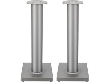 Twee cilindrische luidsprekerstandaards in mat geborsteld zilverkleurig metaal, merk Bowers & Wilkins, model Formation FS Duo Stand