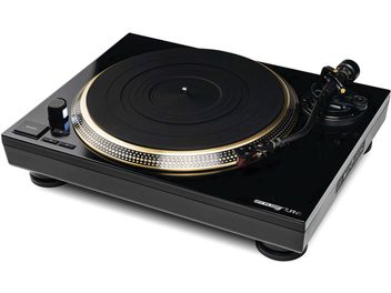Hi-fi gramofon Reloop TURN5 černý, pohled shora, černý kruhový talíř, raménko, ovládací tlačítka a regulační kolečka