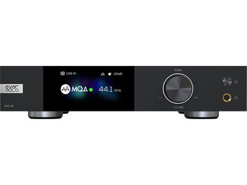 Audio konvertor DAC EverSolo DAC-Z8 v černé barvě, pohled zepředu, modré LED zobrazující "MQA 44.1 KHz", stříbrný otočný ovladač hlasitosti