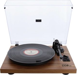 Gramofon Enova HIFI Vision 2 SET ořech, povrchová úprava Dark wood, pohled zepředu, otevřené víko, raménko, vinylová deska