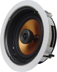 Klipsch CDT-5800-C indbygget højttaler, frontvisning, rund sort og orange højttaler i hvid ramme