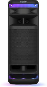 Przenośny głośnik bluetooth Sony ULT TOWER 10, widok z przodu, czarna kratka, logo u góry, niebieskie i fioletowe oświetlenie LED