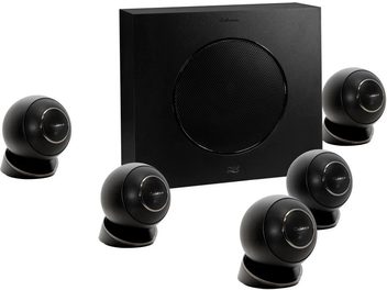 Pack 5.1 Eole 4 noir Cabasse. 5 černých sférických reproduktorů na černých stojanech, 1 černý krychlový subwoofer