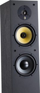 Højttalerkolonne Davis Acoustics Ariane 5 i sort, træeffektfinish, 3/4-visning, kuppeldiskant, gul mellemtoner og sort basenhed