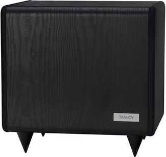 Tannoy TS2.8 sort subwoofer, set forfra, kubisk form, mørk træfinish, sølvfarvet logo nederst til højre