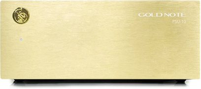Caixa retangular Gold Note PSU-10 gold em alumínio escovado dourado, logotipo redondo no canto superior esquerdo, vista frontal