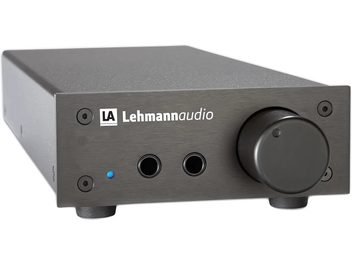 Lehmann Audio Linear II black headphone amplifier, front view, brushed metal enclosure, volume knob, headphone jack, blue LED