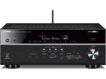 Yamaha RX-V681 sort home cinema-forstærker set forfra, rødt display, knapper og stik på forsiden