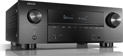 Denon AVR-X3500H sort hjemmebiografsforstærker, set forfra, sort front med knapper, drejeknapper og display, to hovedtelefonstik på forsiden