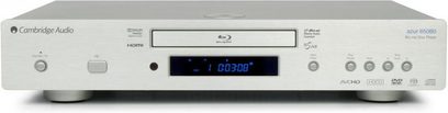 Cambridge Audio Azur 650BD sølvfarvet Blu-ray-afspiller, frontvisning, blå display, frontpanel med knapper og diskskuffe