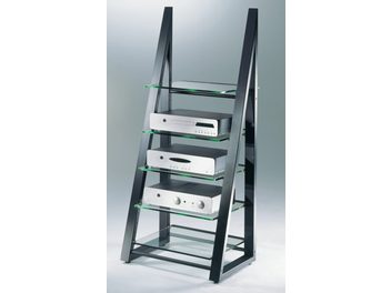 Schroers & Schroers Deltastatic czarny metalowy stolik Hi-Fi, 4 szklane półki na komponenty audio