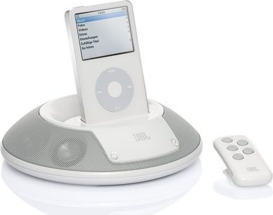 JBL On Stage Micro II white docking station with iPod dock, remote control, and integrated speakers, front view