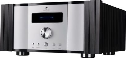 Stereo integreret forstærker Tonewinner AD3 Pro+ sølvfront, sorte køleribber, stor central knap og blå skærm