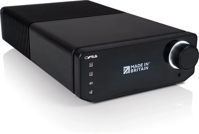 Cyrus 40 AMP stereo hi-fi amplifier, black metal chassis, display, large illuminated volume knob, fins, 3/4 front-right view