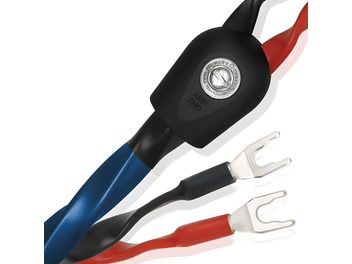 Cabo de caixa acústica Wireworld Oasis 8 HP, 2x2,5m, bicolor azul/vermelho, conector tipo garfo prateado, sinuoso sobre fundo branco
