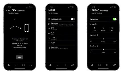 3 smartphoneskærme, der viser lydindstillinger, kalibrering, indgange og TV-indstillinger