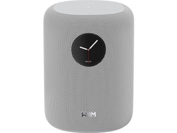 Altoparlante intelligente WiiM Sound Display bianco cilindrico con griglia perforata e orologio circolare integrato sul fronte