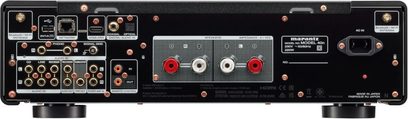 Marantz Model 40n zwarte hi-fi stereo-versterker, achterzijde, analoge en digitale audio-aansluitingen, antenne- en netstroomaansluitingen