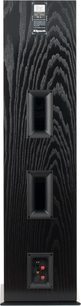 Klipsch RF-7 III siyah kolon hoparlör, ön görünüm, iki yuvarlak hoparlör, merkezde tweeter, dikey çizgili ahşap siyah ızgara