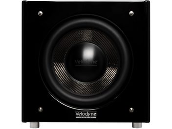 Velodyne SPL-X 18 fényes fekete mélyláda, elölnézet, nagy középen elhelyezett karbon kónuszos hangszóróval és ezüst színű lábakkal