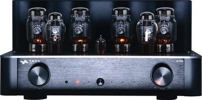 Amplificatore integrato stereo a valvole (tubi) TTA-1000BT, vista frontale, 6 tubi visibili, 2 grandi manopole rotonde, 3 indicatori luminosi