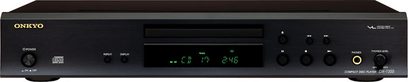 Lettore CD Onkyo DX-7355 nero, vista frontale, pannello frontale nero con display blu, pulsanti e connettori argentati
