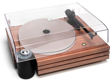 Tocadiscos Music Hall MMF 9.3 en nogal, plato transparente, brazo de lectura negro, cápsula, base de madera, vista superior