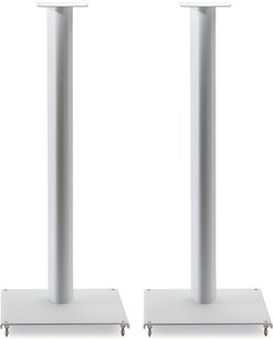 To hvide cylinderformede metalfodstøtter til Q acoustics 3030FSi højttalere, set forfra på hvid baggrund