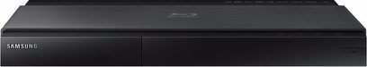 Samsung BD-J7500 4K Blu-ray-afspiller set forfra, sort, blank front, sølvfarvet logo, diskskuffe