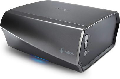 Denon HEOS Link HS2 sort netværksaudioafspiller, 3/4 forvisning fra venstre, forside med logo, knapper og porte