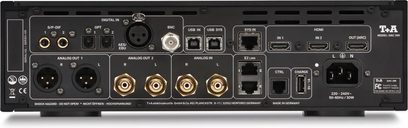 Audio převodník T+A DAC 200 černý, zadní pohled s připojeními HDMI, USB, AES/EBU, BNC, RCA a XLR